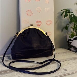 Vintage Navy Blue Leather Clutch | Kiss Lock Crossbody Purse | Classic Elegant